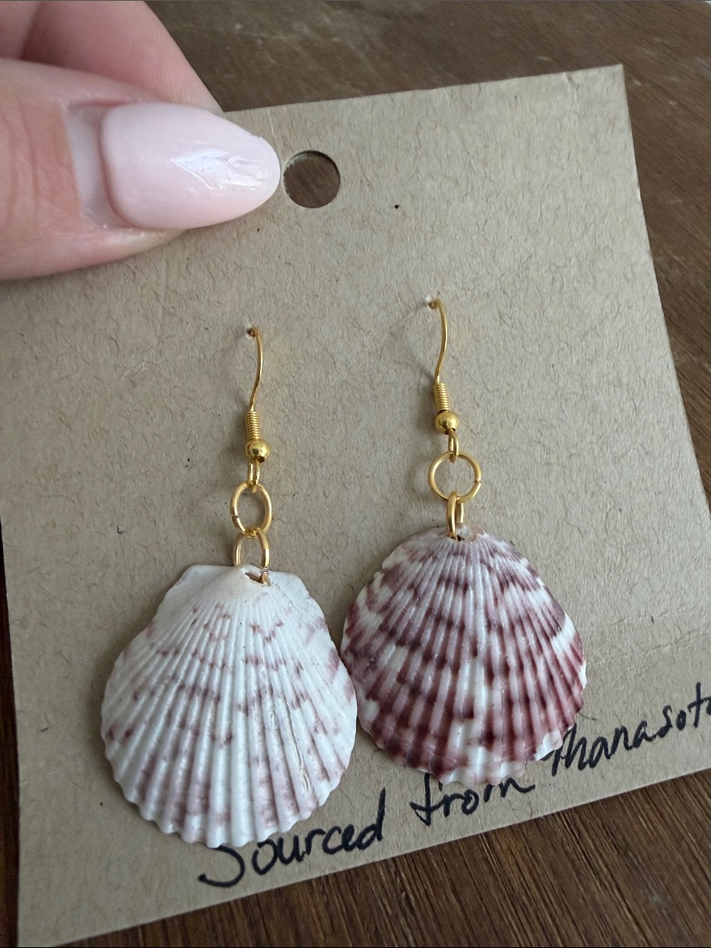 Bohemian Pink Calico Scallop Selene Seashell Drop Earrings ~ Handmade - Picture 3 of 3